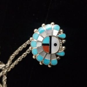 Multicolor Sun God Chief Headdress Zuni Sterling Silver Pendant / PIN